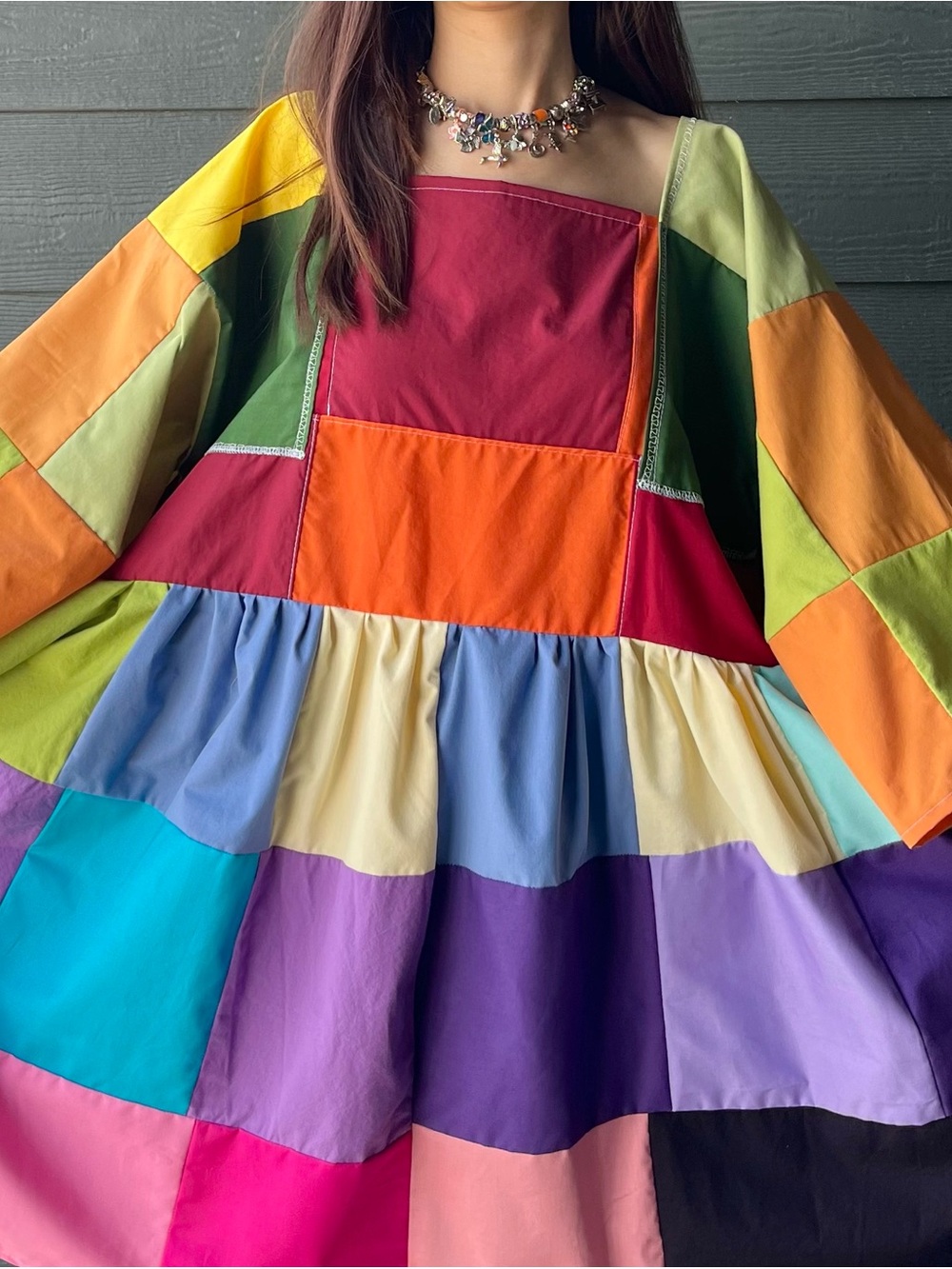 Handmade Rainbow Quilted Patchwork Colorblock Dress SKU 08165